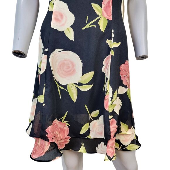 Vintage 90s Floral Mini Dress Medium 10 Petite Black Pink Shift Formal Party Fun - Picture 5 of 14